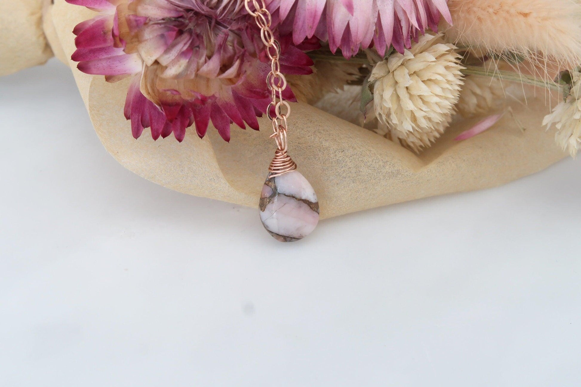 Pink Opal & Copper Healing Gemstone Necklace Infused with Reiki Healing Energy - 3Rosebudsco.com