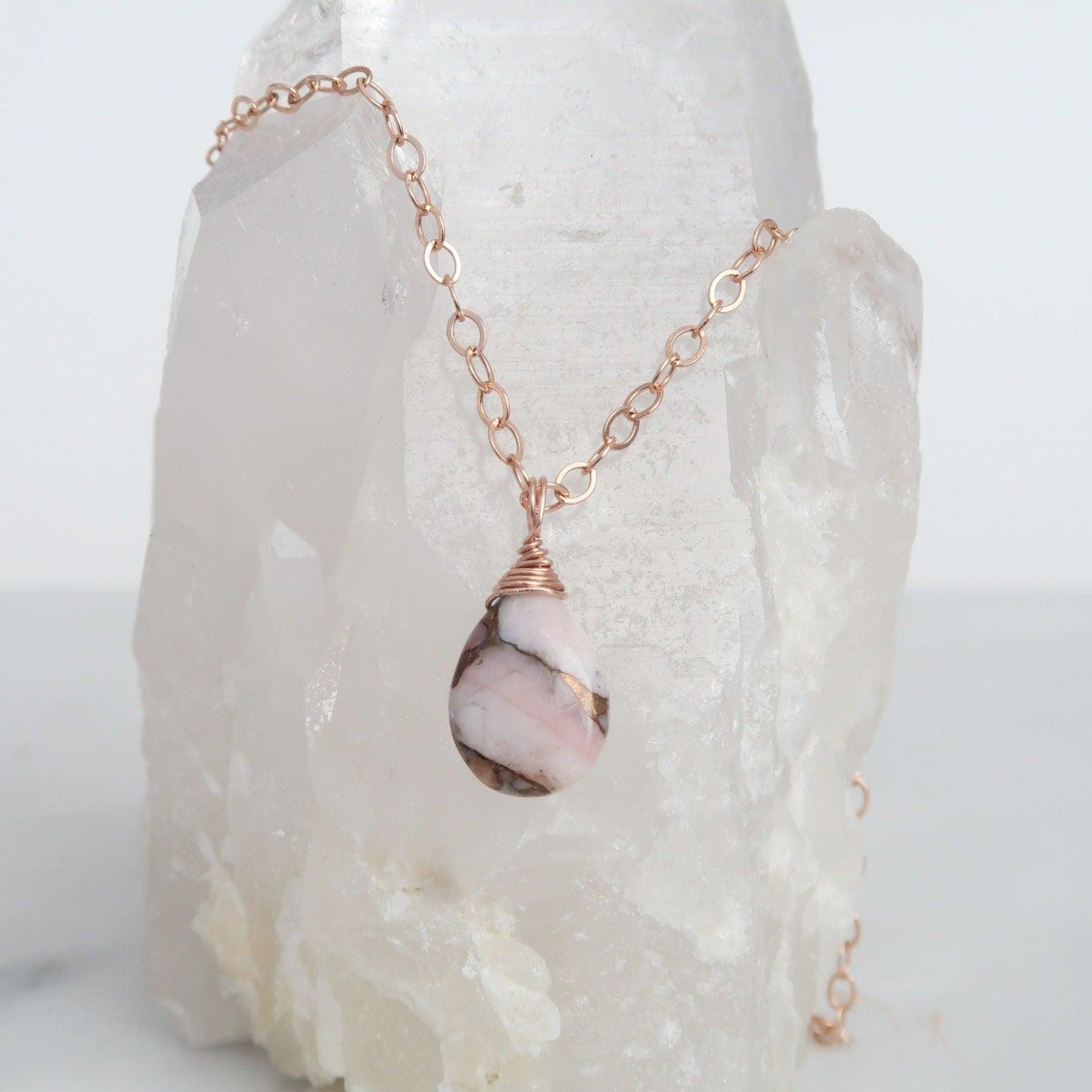 Pink Opal & Copper Healing Gemstone Necklace Infused with Reiki Healing Energy - 3Rosebudsco.com