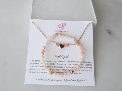 Girls Heart Necklace With Choice of Moonstone or Pink Opal Healing Gemstone Crystals - 3Rosebudsco.com