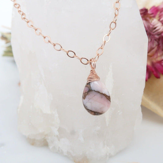 Pink Opal & Copper Healing Gemstone Necklace Infused with Reiki Healing Energy - 3Rosebudsco.com