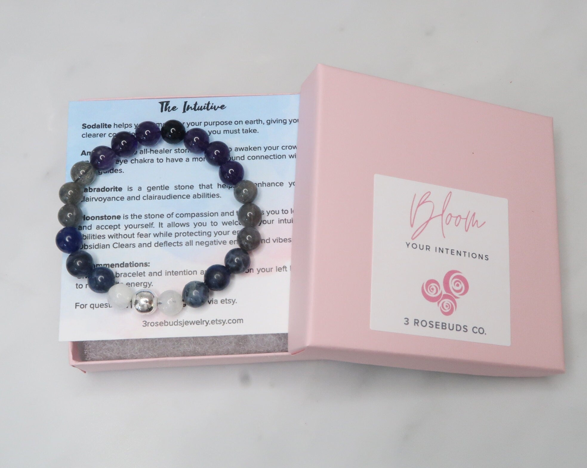 Awaken your psychic intuitive abilities with the power of healing crystal gemstones. This bracelet features sodalite, moonstone, labradorite, amethyst and black obsidian to help you on your development journey. 
