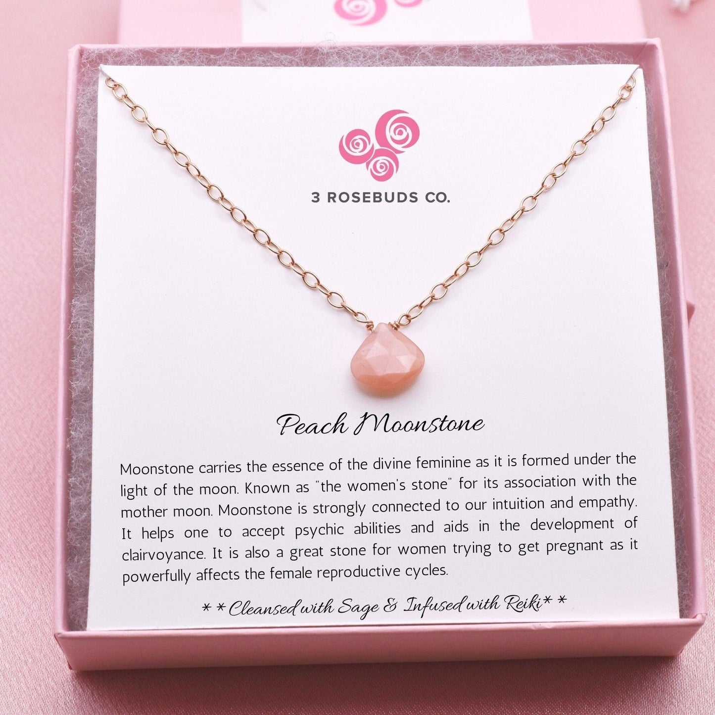 Peach Moonstone Gemstone Necklace With Reiki Infused Energy - 3Rosebudsco.com