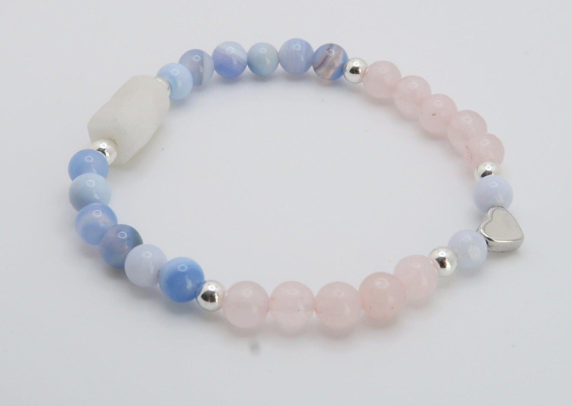 New Mama Healing Gemstone Bracelet featuring rainbow moonstone, rose quartz and blue lace agate. 