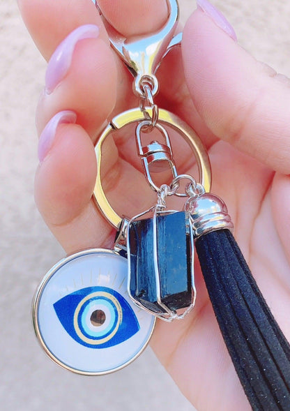 Evil Eye Protection Keychain with Black Tourmaline - 3Rosebudsco.com